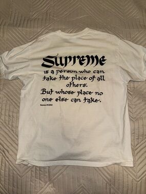 Supreme White Tee with Black Gothic Logo and Quote